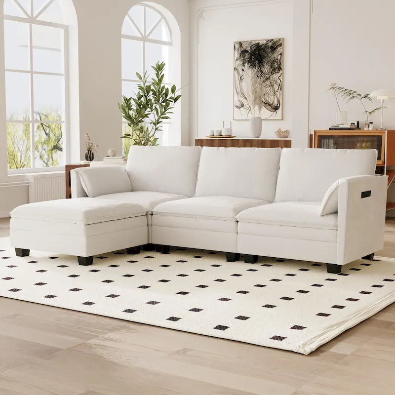 Christopher Knight Home - Noah Large 3-Seater L-Shaped Sofa with Movable Ottoman and Armrest Pockets, Fabric Upholstery