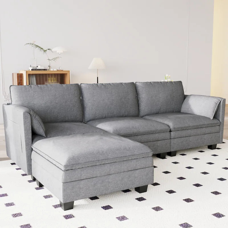 Christopher Knight Home - Noah Large 3-Seater L-Shaped Sofa with Movable Ottoman and Armrest Pockets, Fabric Upholstery