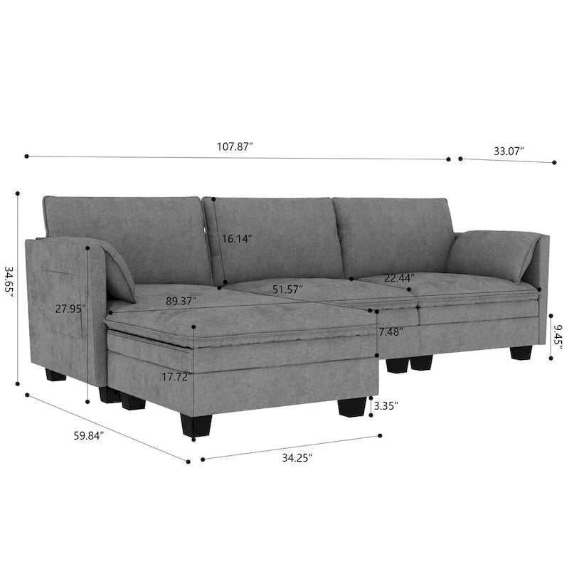 Christopher Knight Home - Noah Large 3-Seater L-Shaped Sofa with Movable Ottoman and Armrest Pockets, Fabric Upholstery