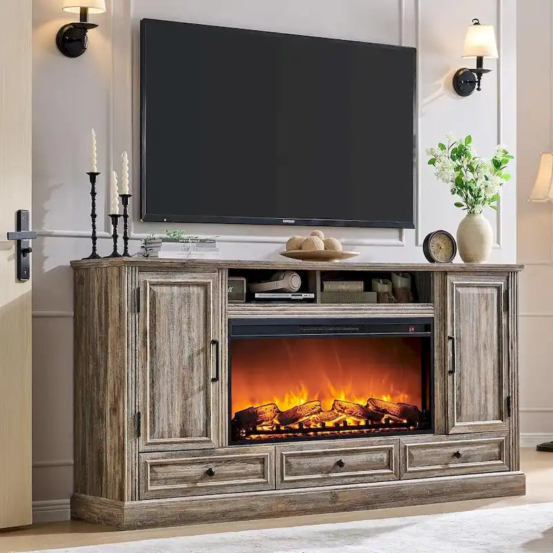 Farmhouse Fireplace TV Stand for 80 Inch TV, Entertainment Center