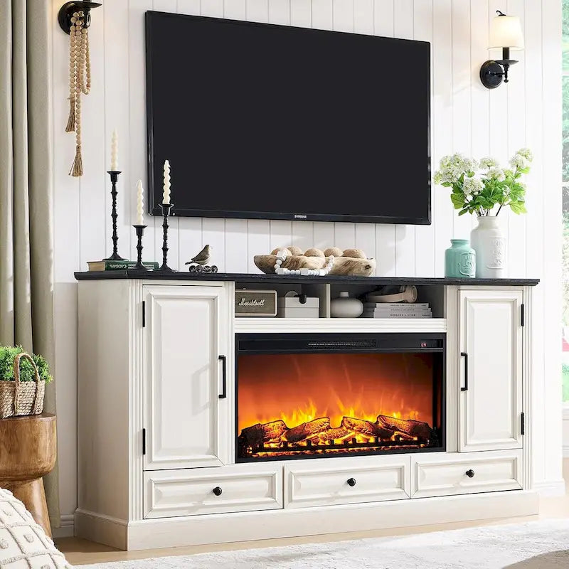 Farmhouse Fireplace TV Stand for 80 Inch TV, Entertainment Center