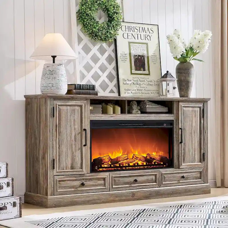 Farmhouse Fireplace TV Stand for 80 Inch TV, Entertainment Center