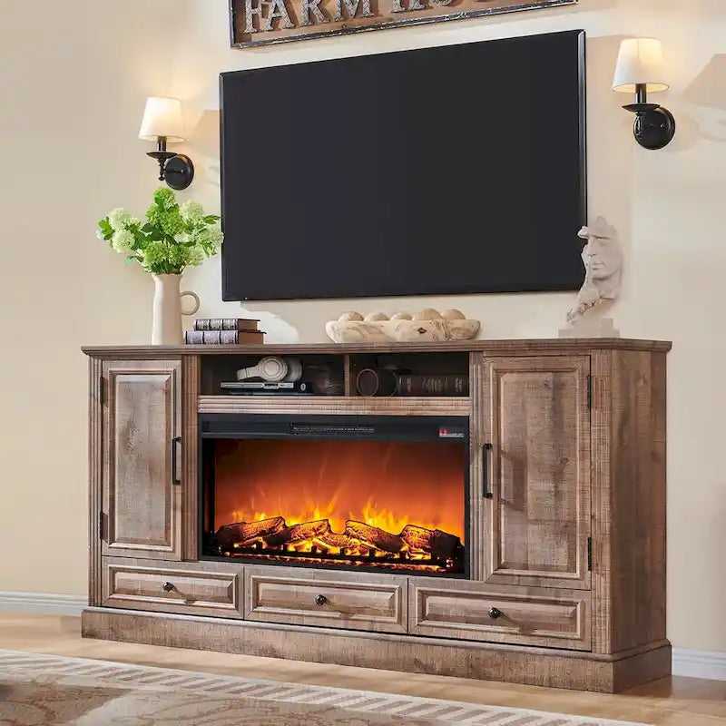Farmhouse Fireplace TV Stand for 80 Inch TV, Entertainment Center