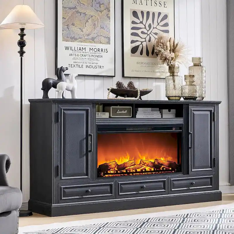 Farmhouse Fireplace TV Stand for 80 Inch TV, Entertainment Center