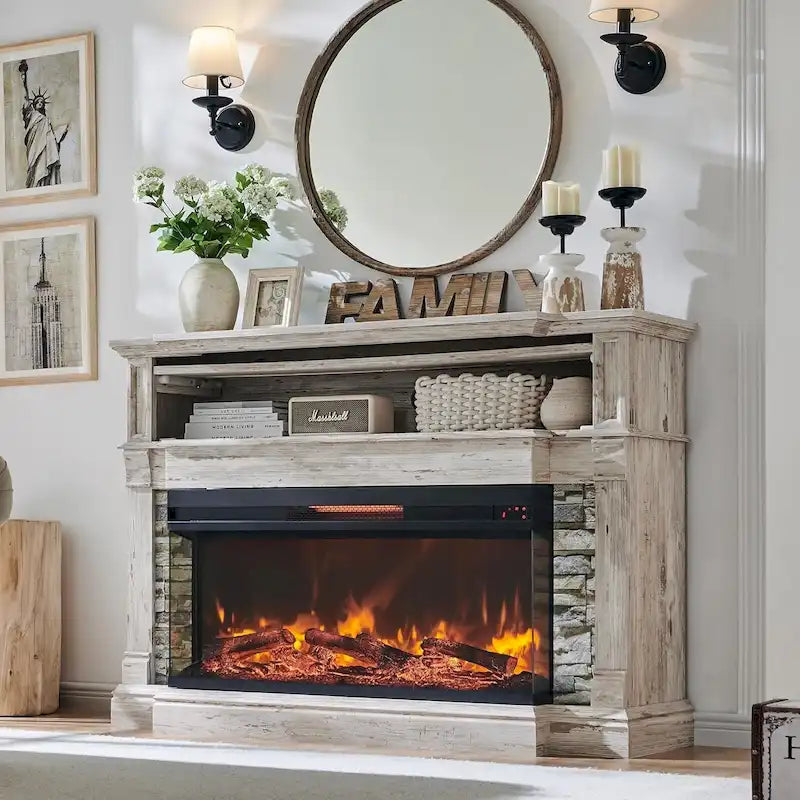 Farmhouse TV Stand With 3-Sided Glass Fireplace, Entertainment Center