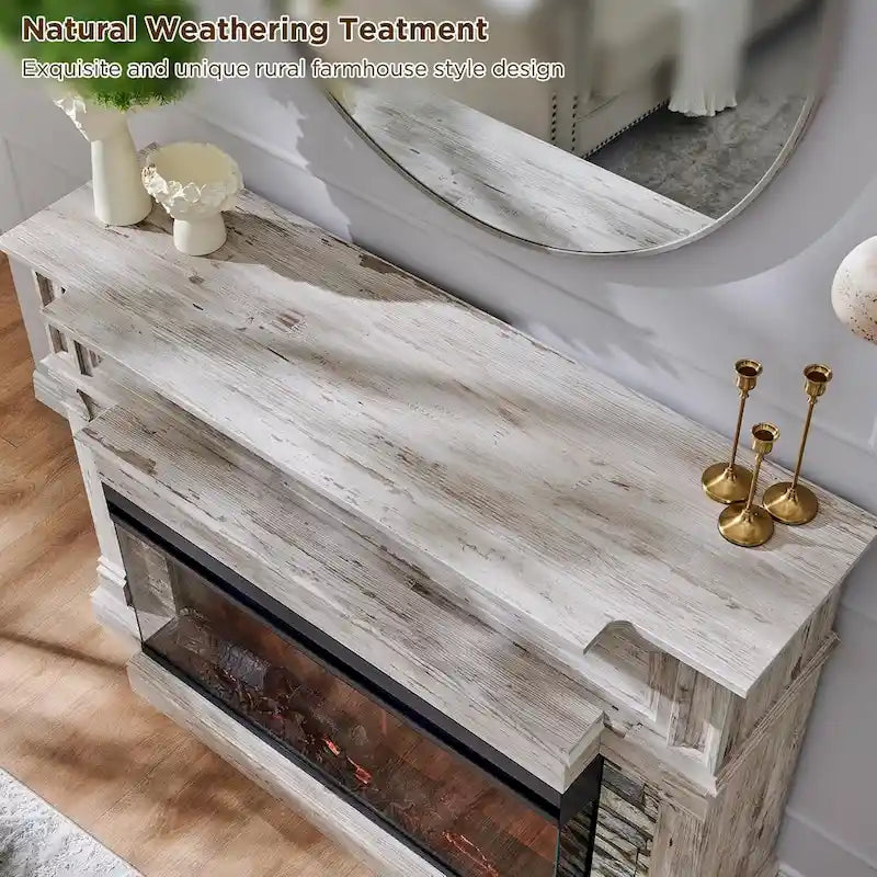 Farmhouse TV Stand With 3-Sided Glass Fireplace, Entertainment Center