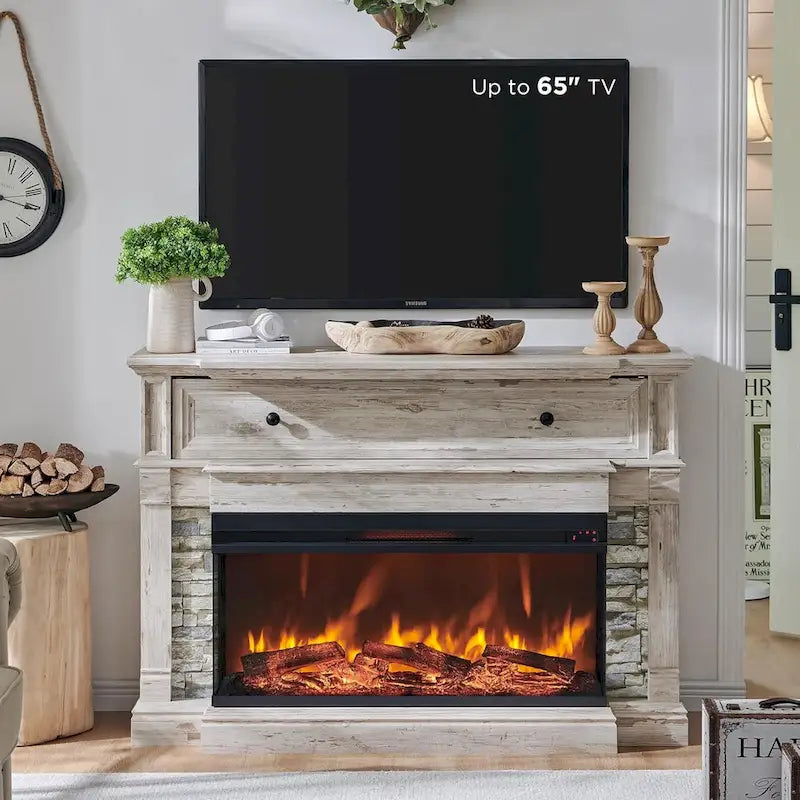 Farmhouse TV Stand With 3-Sided Glass Fireplace, Entertainment Center