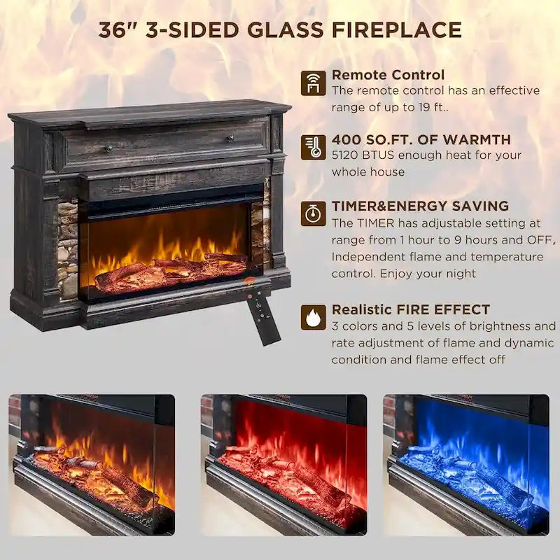 Farmhouse TV Stand With 3-Sided Glass Fireplace, Entertainment Center