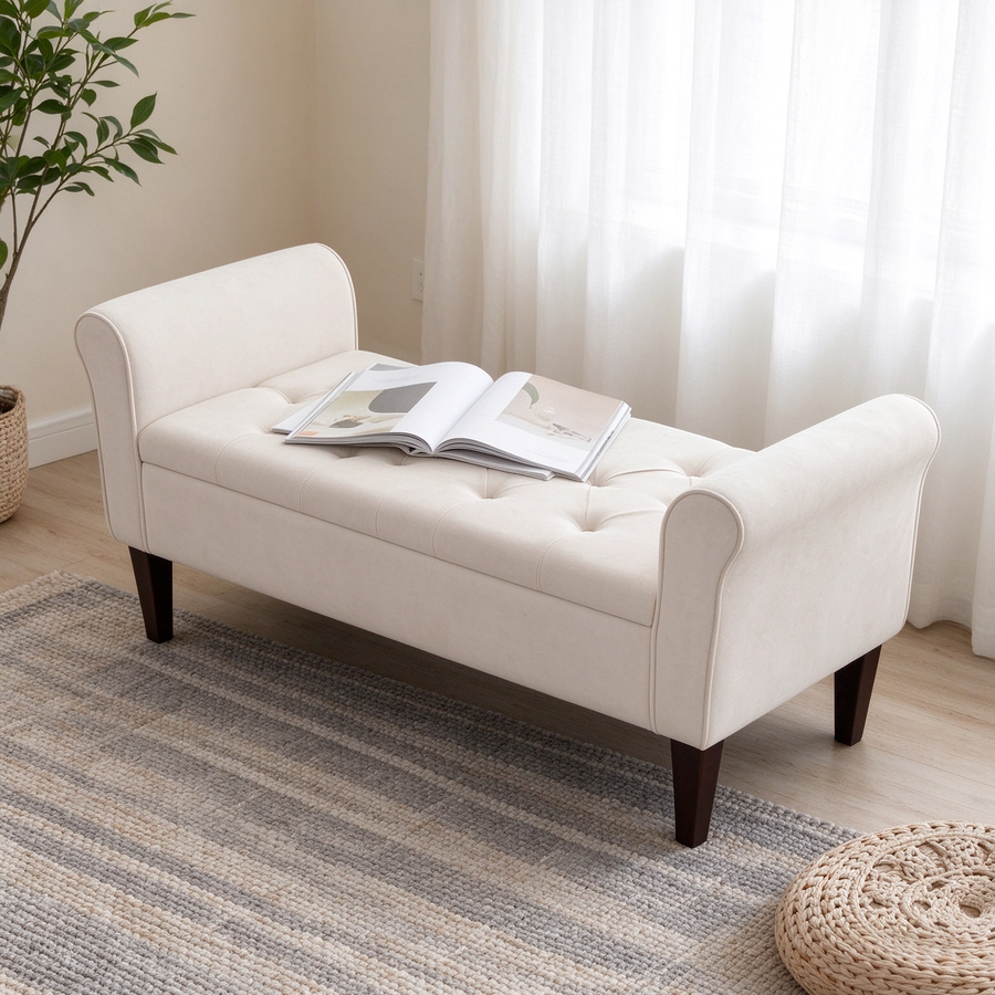 Arm Fabric Storage Ottoman Bench with Solid Wood Legs, 48W x 18D x 23H