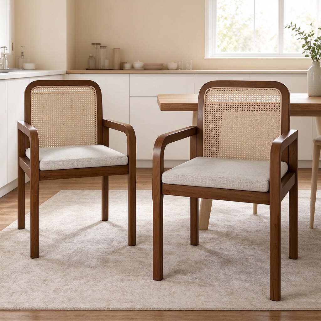 Rattan-Back Dining Chairs with Removable Cushions, Set of 2