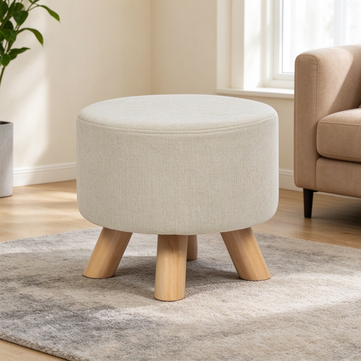 Modern Round Linen Ottoman Footrest with Wood Legs
