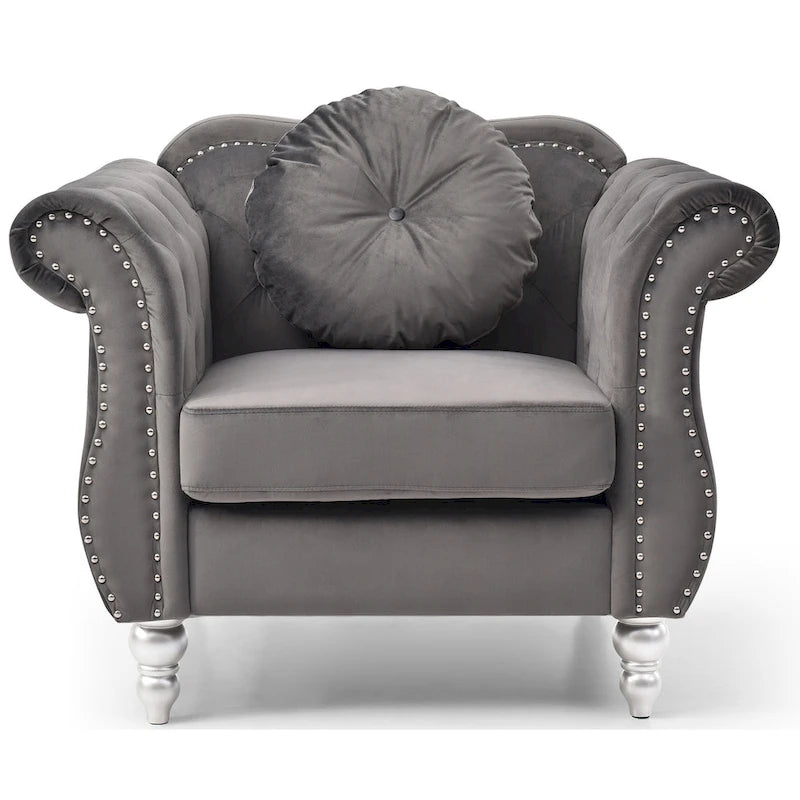 Hollywood Chesterfield Tufted Velvet Accent Chair with Round Throw Pillow - 39L x 35W x 34H