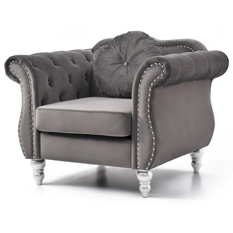 Hollywood Chesterfield Tufted Velvet Accent Chair with Round Throw Pillow - 39L x 35W x 34H