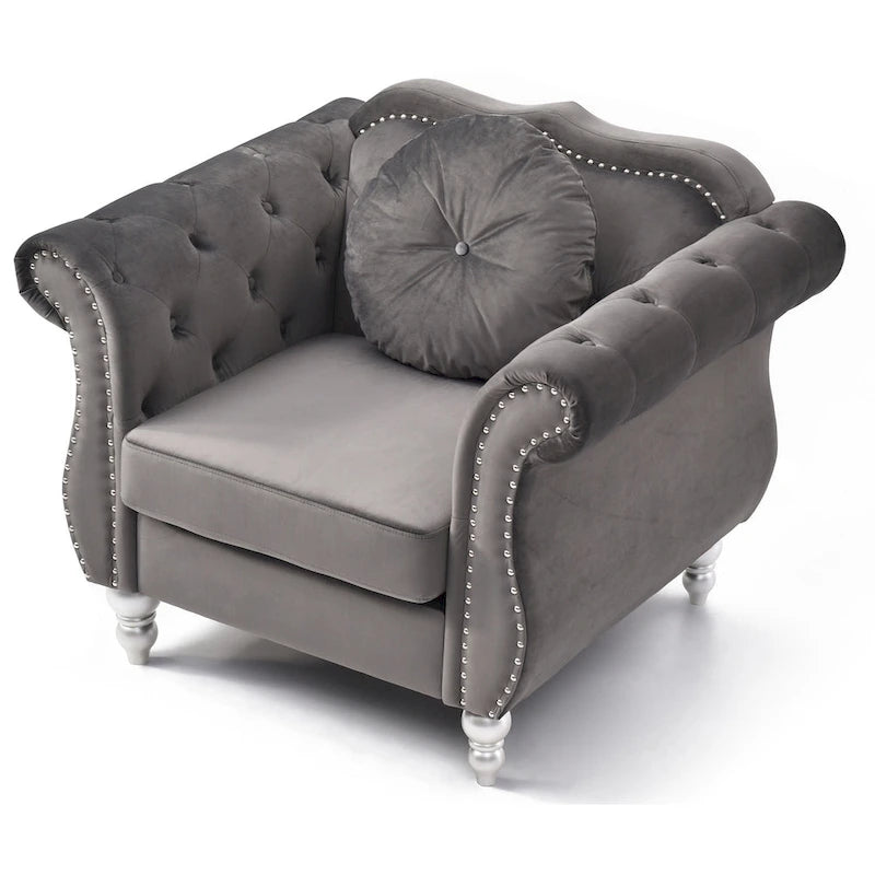 Hollywood Chesterfield Tufted Velvet Accent Chair with Round Throw Pillow - 39L x 35W x 34H