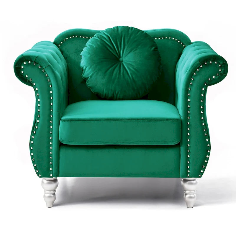 Hollywood Chesterfield Tufted Velvet Accent Chair with Round Throw Pillow - 39L x 35W x 34H