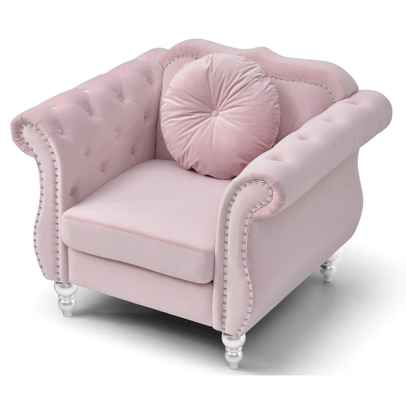 Hollywood Chesterfield Tufted Velvet Accent Chair with Round Throw Pillow - 39L x 35W x 34H