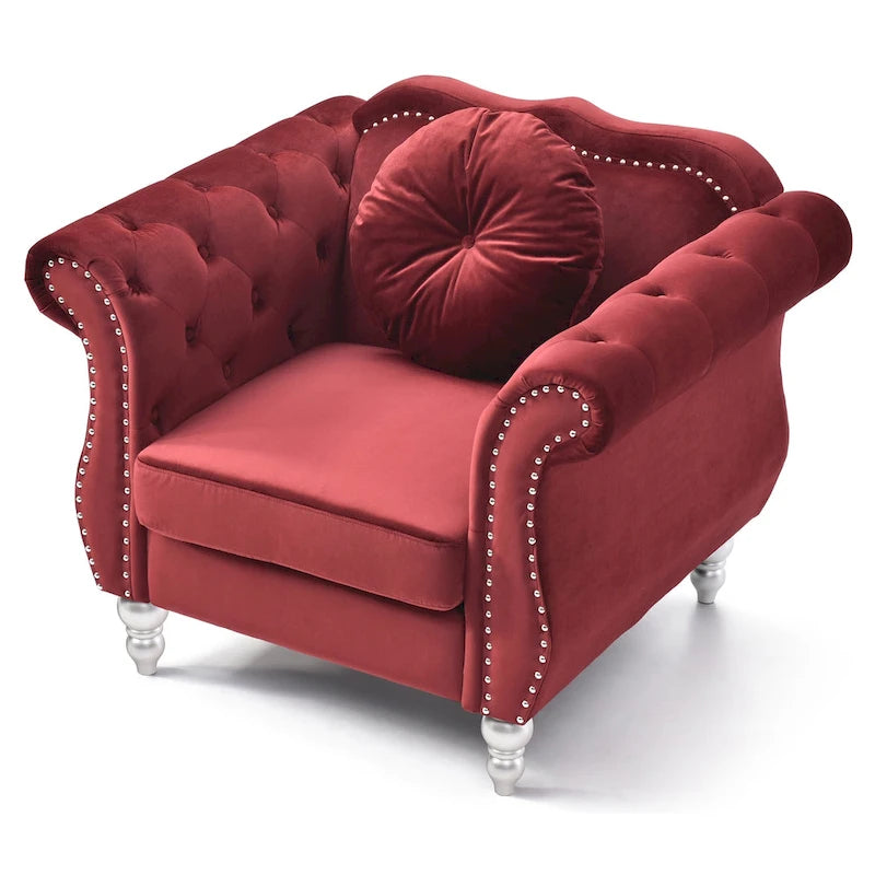 Hollywood Chesterfield Tufted Velvet Accent Chair with Round Throw Pillow - 39L x 35W x 34H