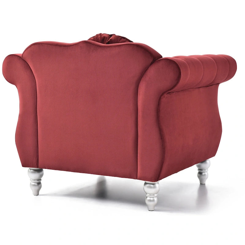 Hollywood Chesterfield Tufted Velvet Accent Chair with Round Throw Pillow - 39L x 35W x 34H
