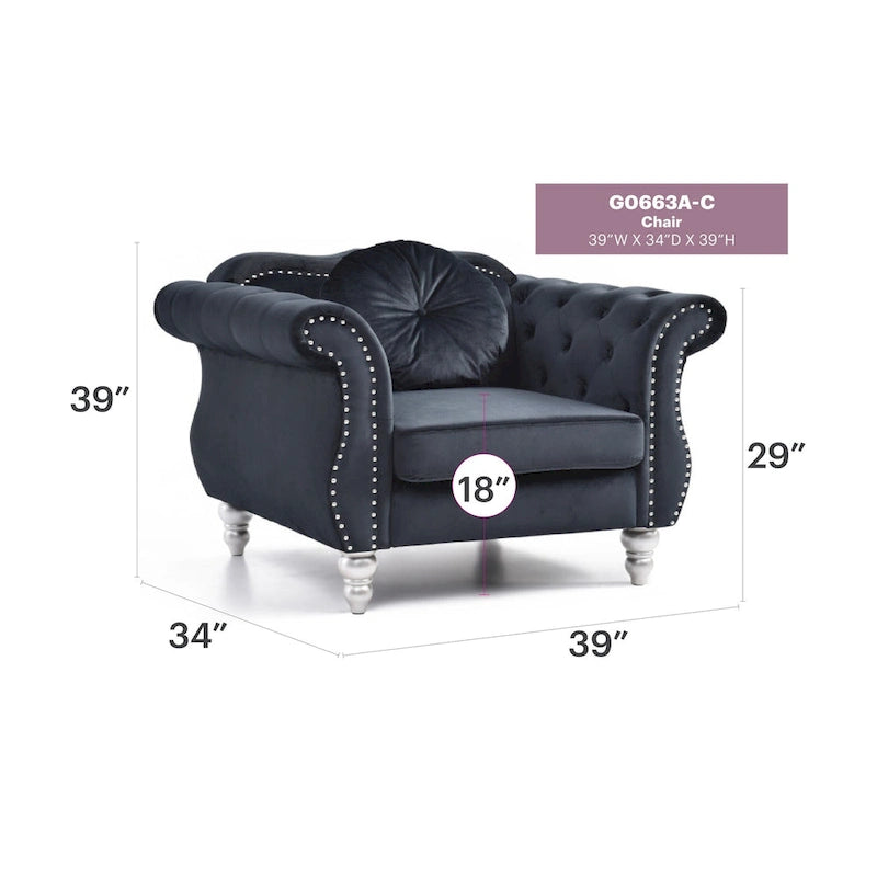 Hollywood Chesterfield Tufted Velvet Accent Chair with Round Throw Pillow - 39L x 35W x 34H