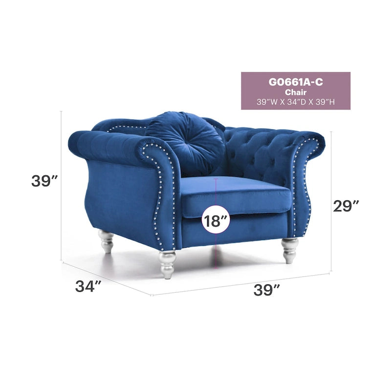 Hollywood Chesterfield Tufted Velvet Accent Chair with Round Throw Pillow - 39L x 35W x 34H