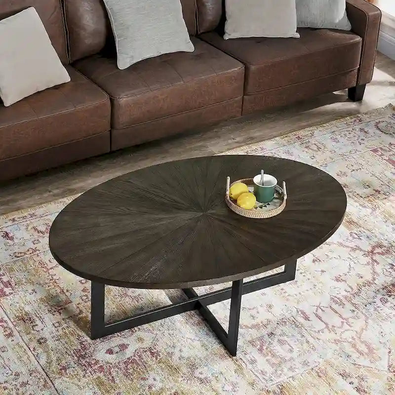 Solid Wood Contemporary Oval Coffee Table with Cross Metal Legs