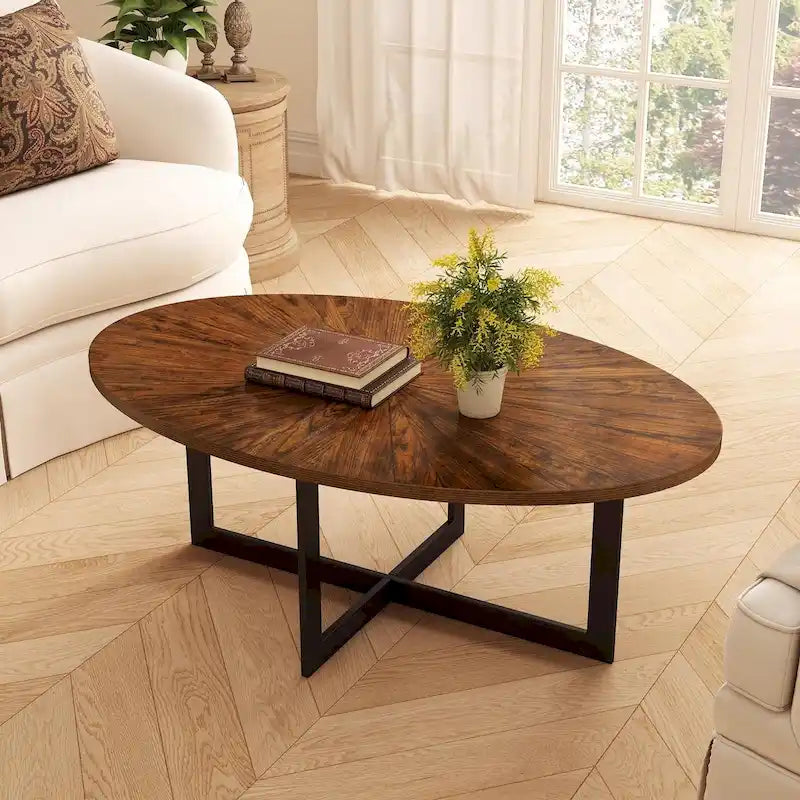 Solid Wood Contemporary Oval Coffee Table with Cross Metal Legs