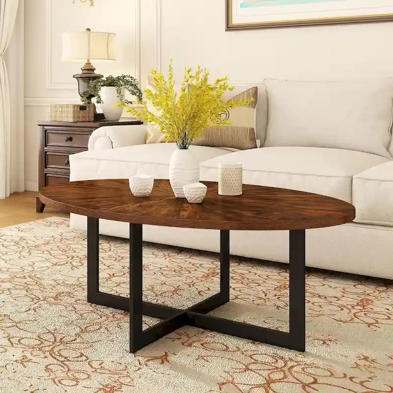Solid Wood Contemporary Oval Coffee Table with Cross Metal Legs
