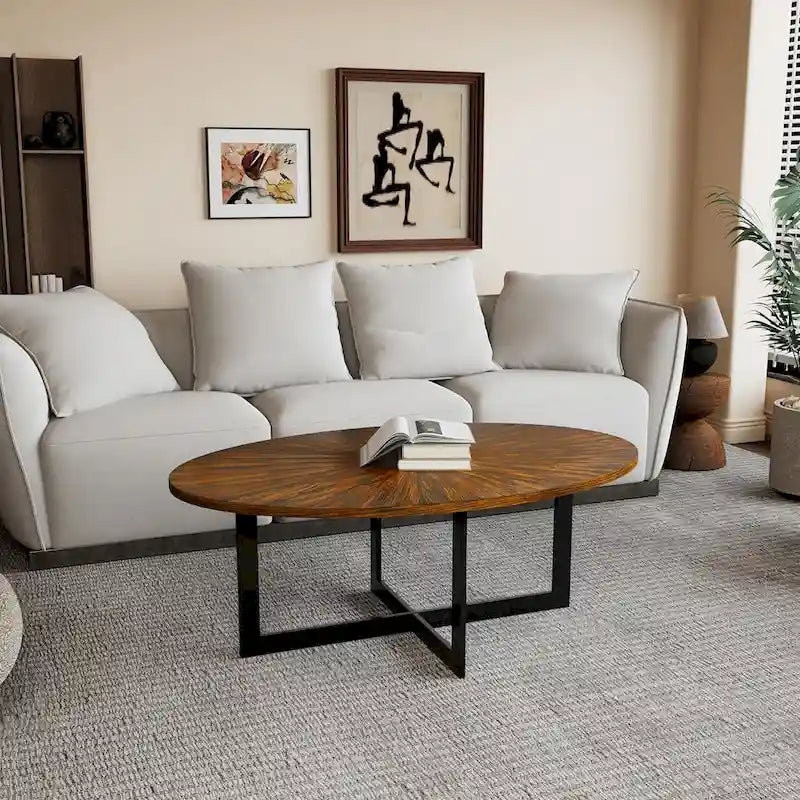 Solid Wood Contemporary Oval Coffee Table with Cross Metal Legs