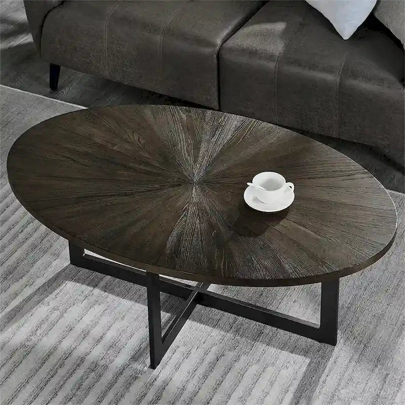 Solid Wood Contemporary Oval Coffee Table with Cross Metal Legs