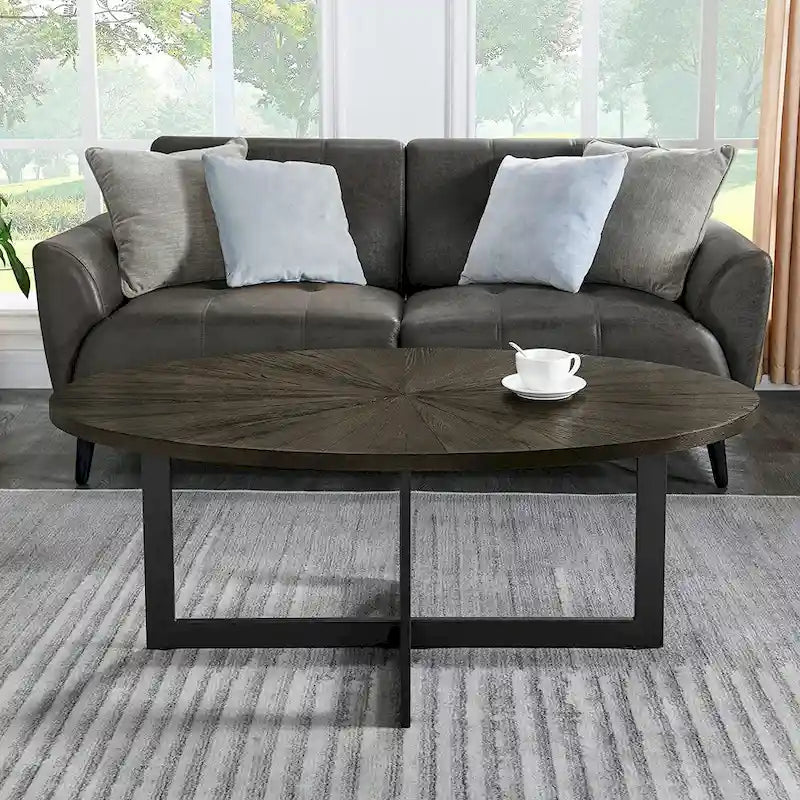 Solid Wood Contemporary Oval Coffee Table with Cross Metal Legs