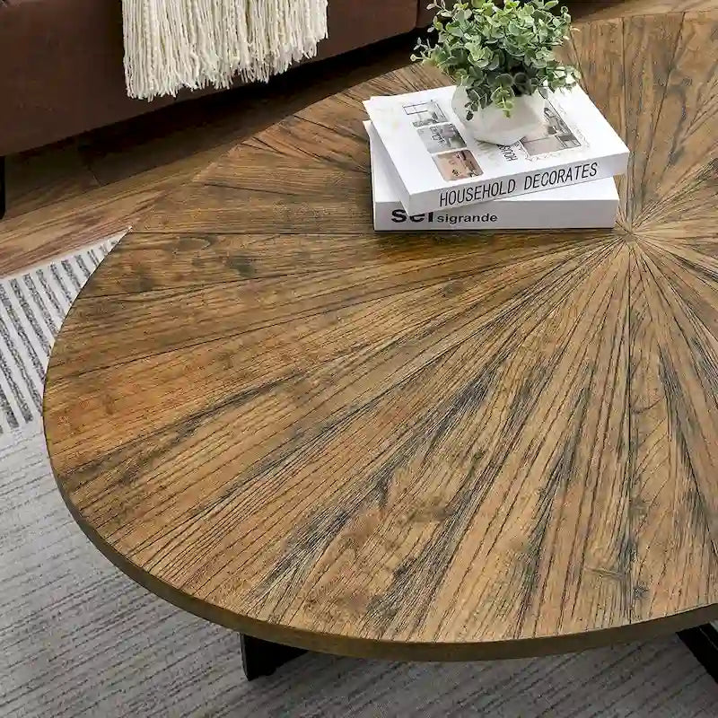 Solid Wood Contemporary Oval Coffee Table with Cross Metal Legs