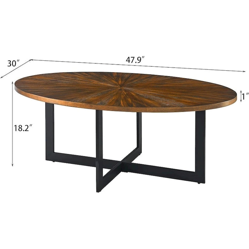 Solid Wood Contemporary Oval Coffee Table with Cross Metal Legs