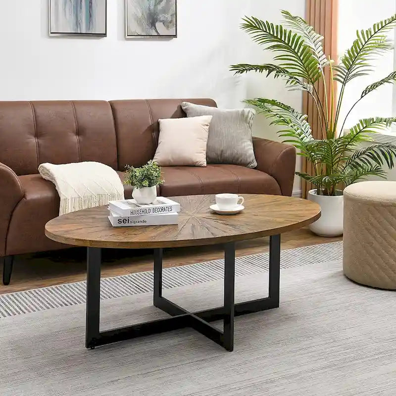 Solid Wood Contemporary Oval Coffee Table with Cross Metal Legs