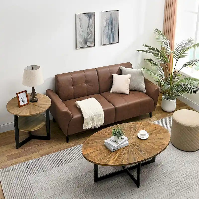 Solid Wood Contemporary Oval Coffee Table with Cross Metal Legs