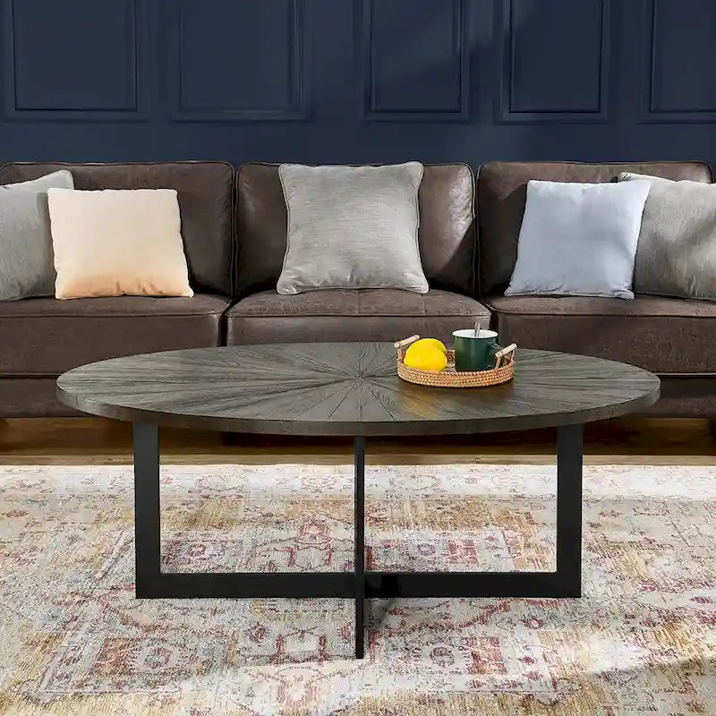 Solid Wood Contemporary Oval Coffee Table with Cross Metal Legs