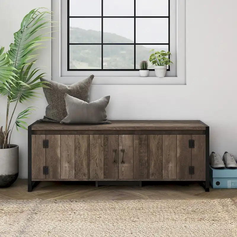 DH BASIC Industrial Oak 49-inch Iron Legs Storage Bench by Denhour