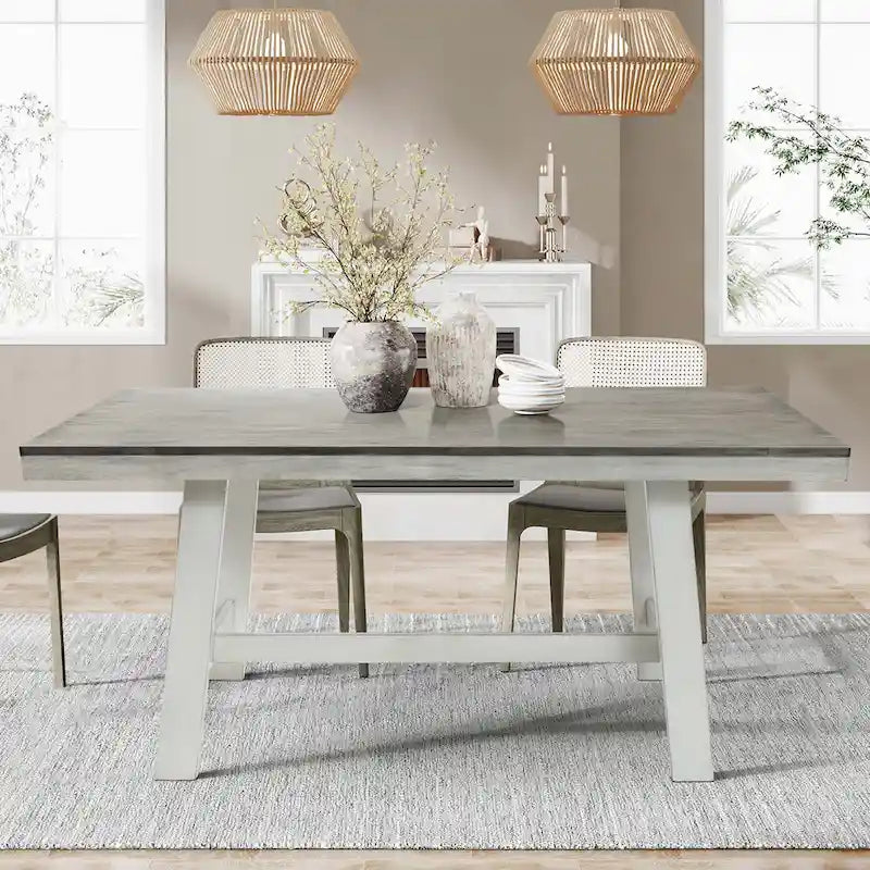 64.5 Rectangular Distressed Off White and Rubberwood Dining Table - 29.25 H x 64.57 W x 35.43 D