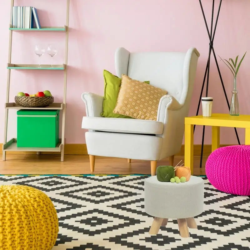 Adeco Modern Round Ottoman Home Footrest Stool/ Linen Fabric Seat Pouf
