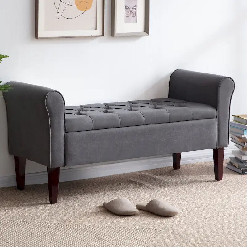 Arm Fabric Storage Ottoman Bench with Solid Wood Legs, 48W x 18D x 23H