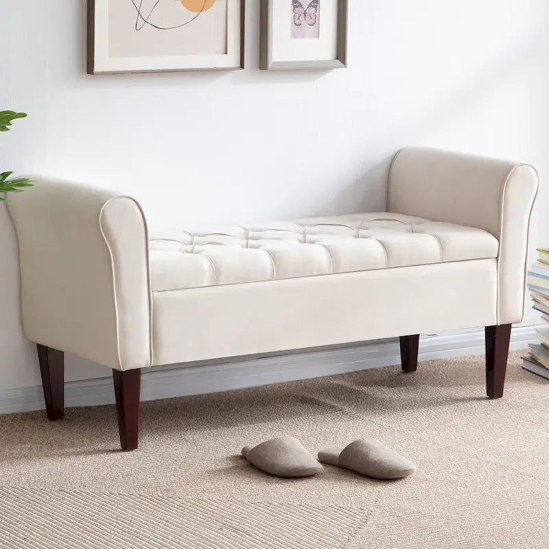 Arm Fabric Storage Ottoman Bench with Solid Wood Legs, 48W x 18D x 23H