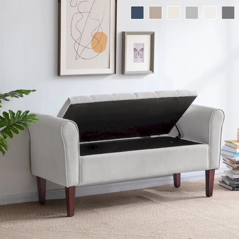 Arm Fabric Storage Ottoman Bench with Solid Wood Legs, 48W x 18D x 23H
