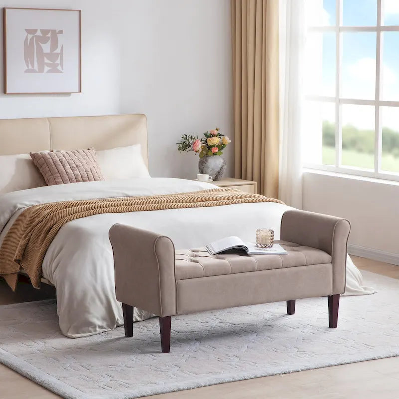Arm Fabric Storage Ottoman Bench with Solid Wood Legs, 48W x 18D x 23H