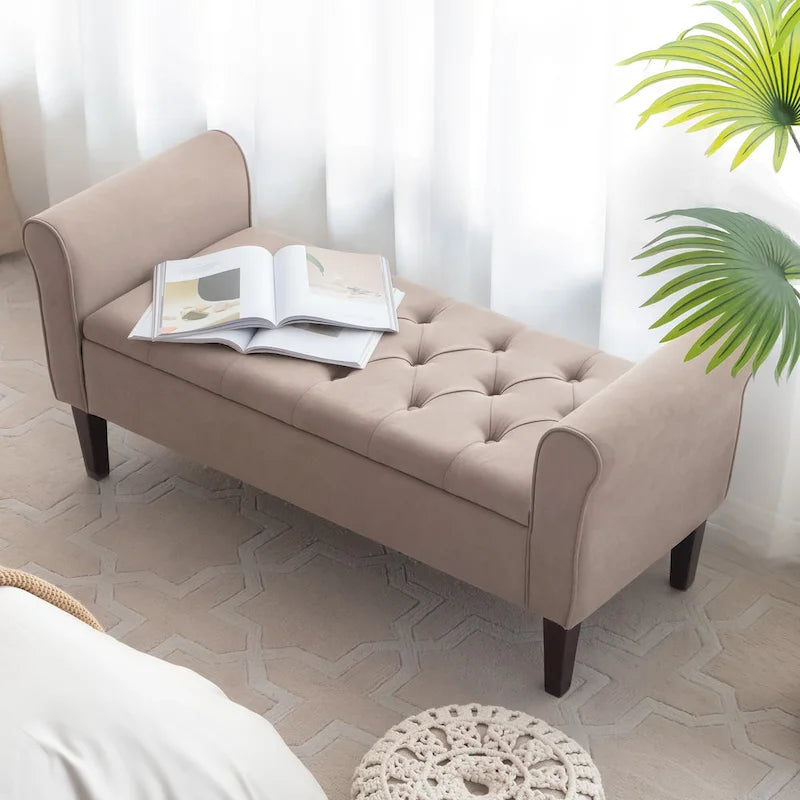 Arm Fabric Storage Ottoman Bench with Solid Wood Legs, 48W x 18D x 23H