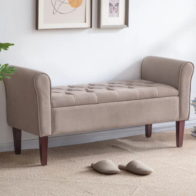 Arm Fabric Storage Ottoman Bench with Solid Wood Legs, 48W x 18D x 23H