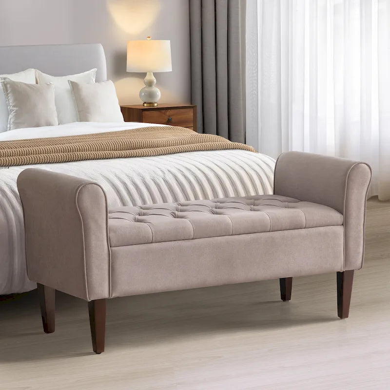Arm Fabric Storage Ottoman Bench with Solid Wood Legs, 48W x 18D x 23H