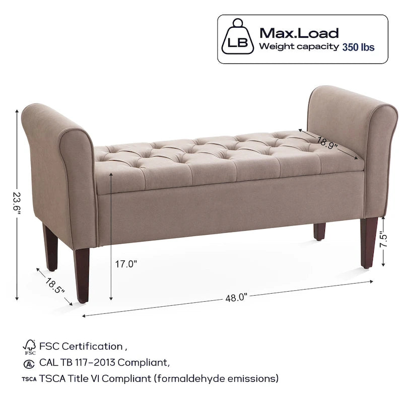 Arm Fabric Storage Ottoman Bench with Solid Wood Legs, 48W x 18D x 23H