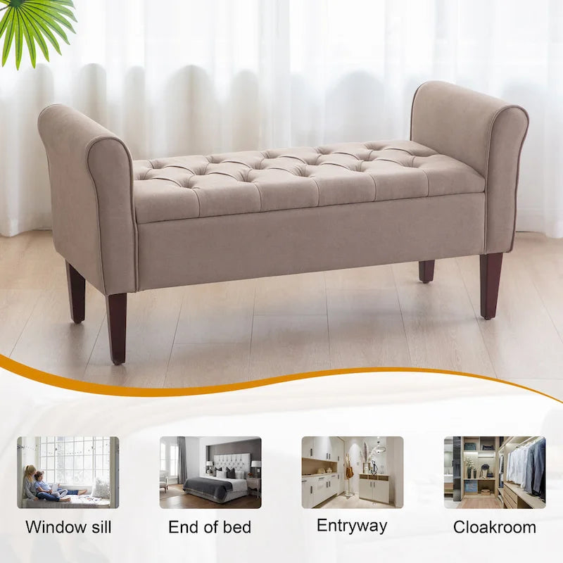 Arm Fabric Storage Ottoman Bench with Solid Wood Legs, 48W x 18D x 23H