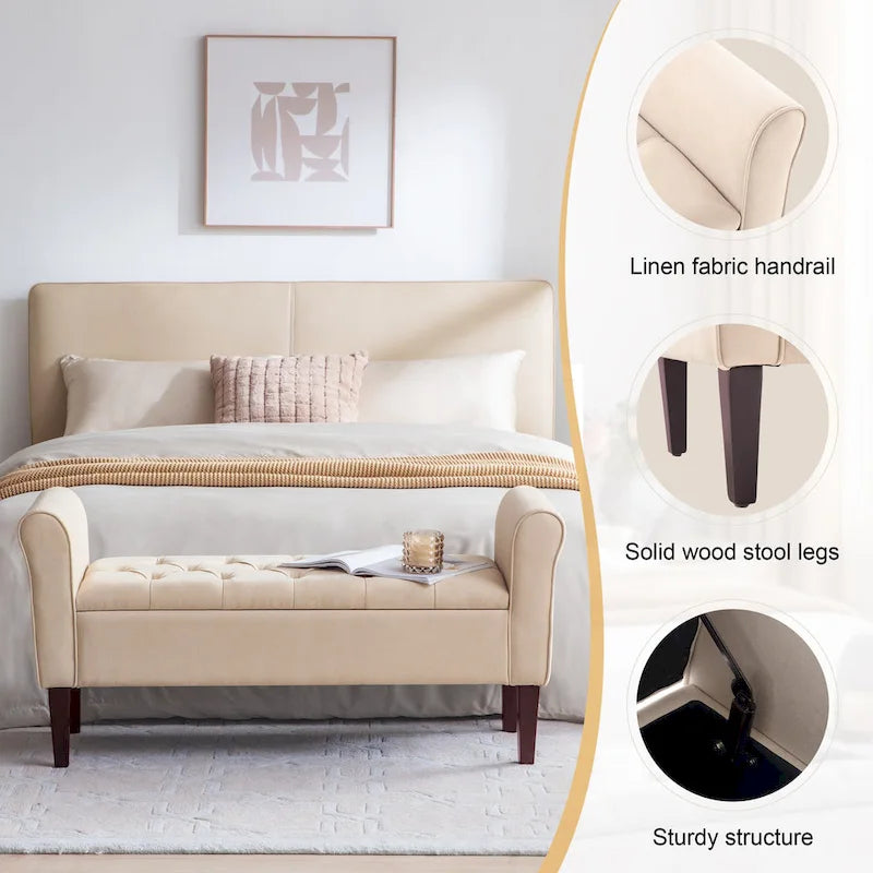 Arm Fabric Storage Ottoman Bench with Solid Wood Legs, 48W x 18D x 23H