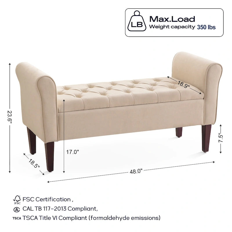 Arm Fabric Storage Ottoman Bench with Solid Wood Legs, 48W x 18D x 23H