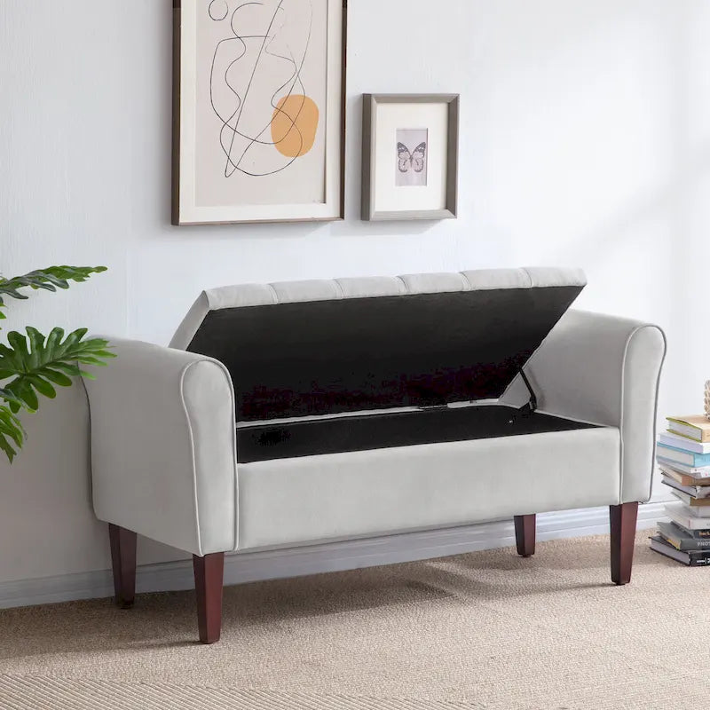 Arm Fabric Storage Ottoman Bench with Solid Wood Legs, 48W x 18D x 23H
